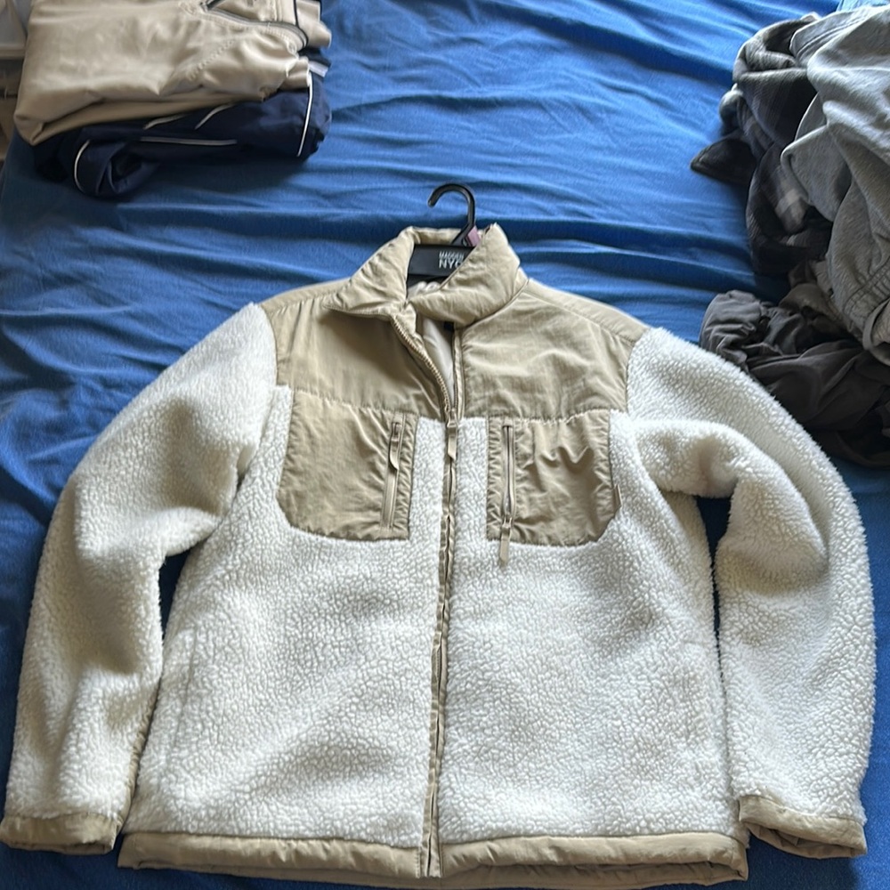 H&M Tan and White Puffer Jacket Cozy Fleece Design